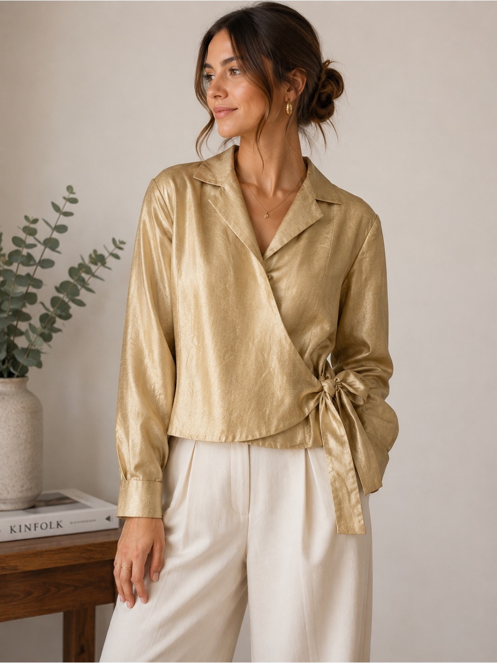 Kate Hill Elegant Gold Wrap Blouse